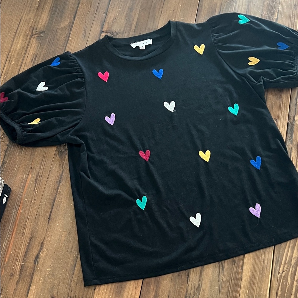 EUC THML Black Tee with Colorful Hearts, size small